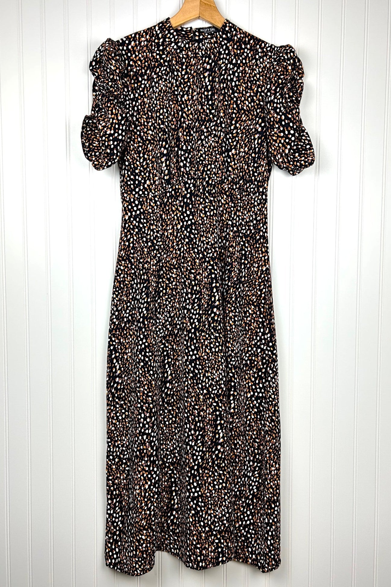 Nasty Gal Mock Neck Midi Length Black Dress in White and Orange Abstract Polka Dot Print, front view