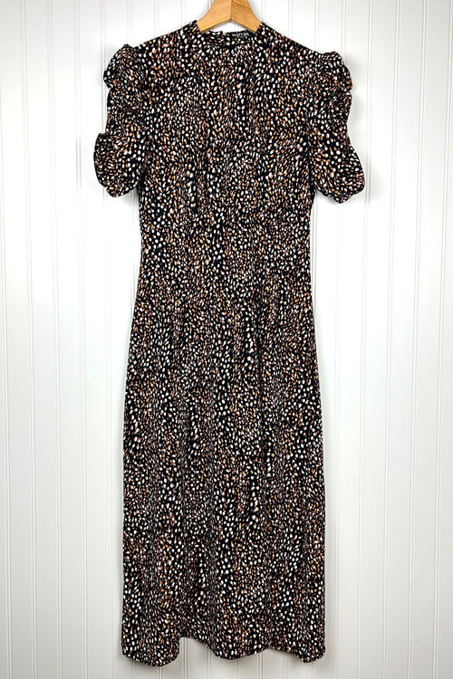 Nasty Gal Mock Neck Midi Length Black Dress in White and Orange Abstract Polka Dot Print, front view