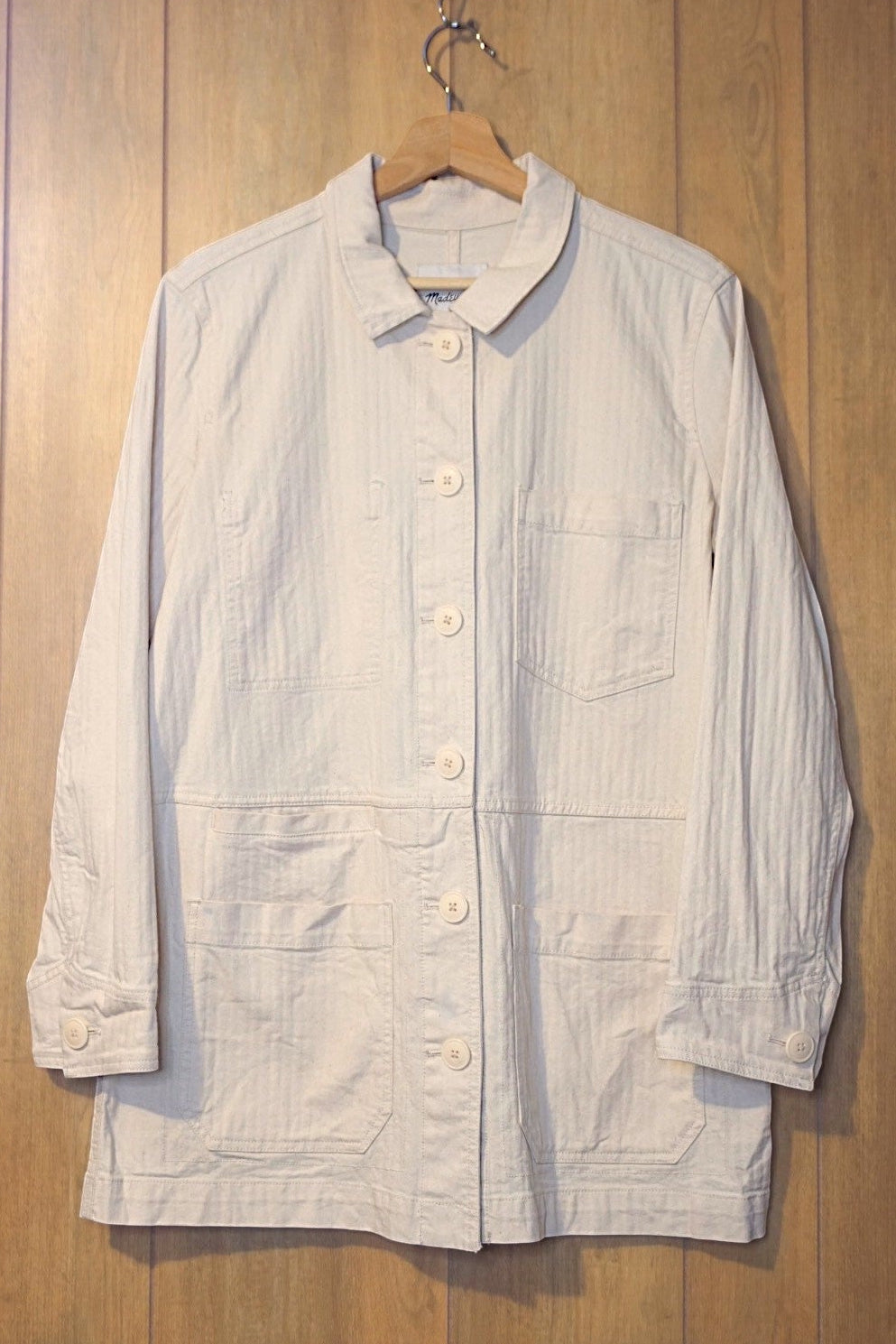Madewell Woven Cotton Long Chore Coat in Natural color with White Buttons, front view