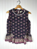 Sea NY Silk Tank Top in Navy Blue with Purple Floral Print and Peplum Waist, front view