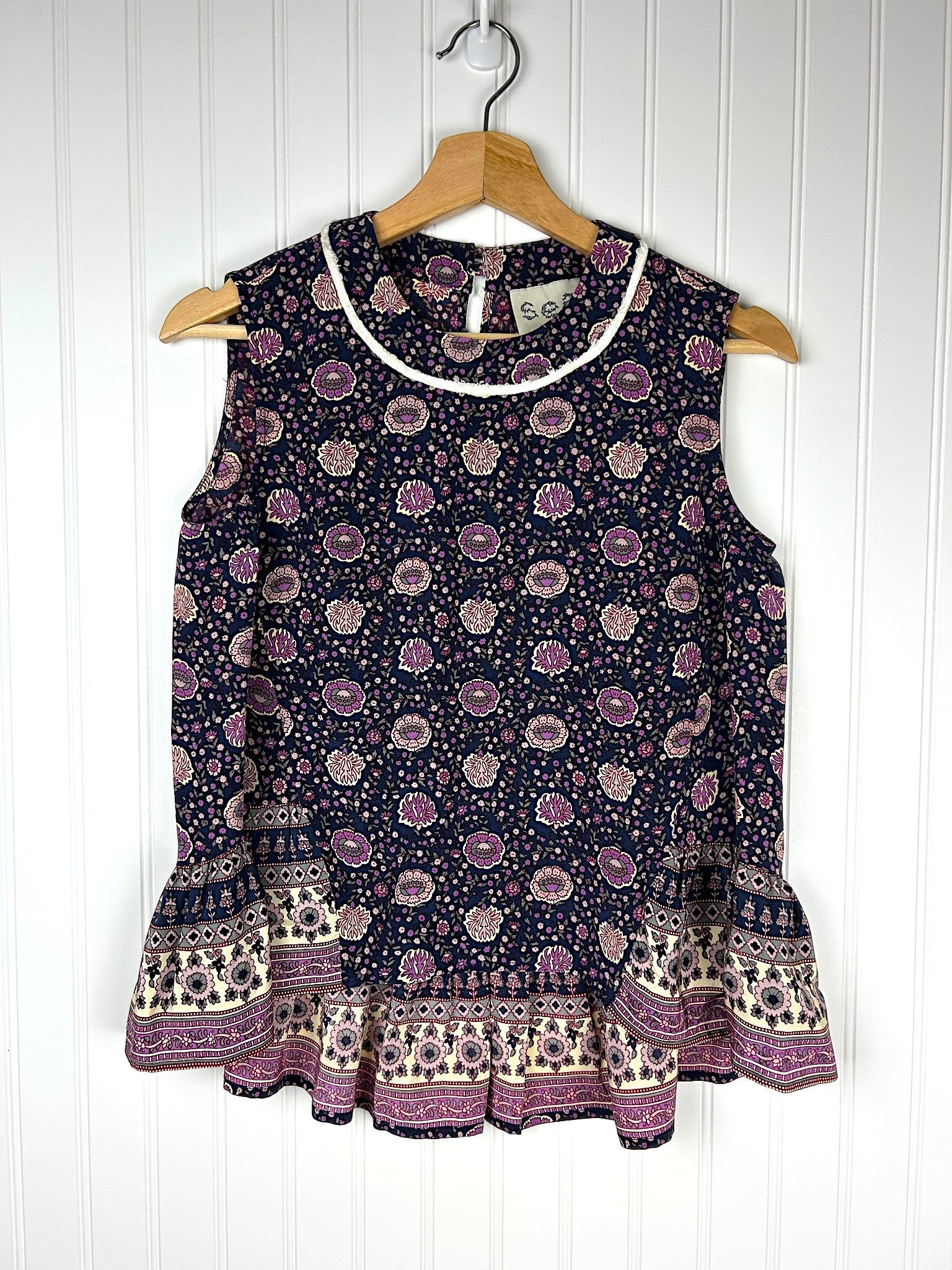 Sea NY Silk Tank Top in Navy Blue with Purple Floral Print and Peplum Waist, front view