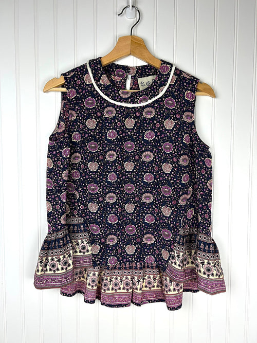 Sea NY Silk Tank Top in Navy Blue with Purple Floral Print and Peplum Waist, front view