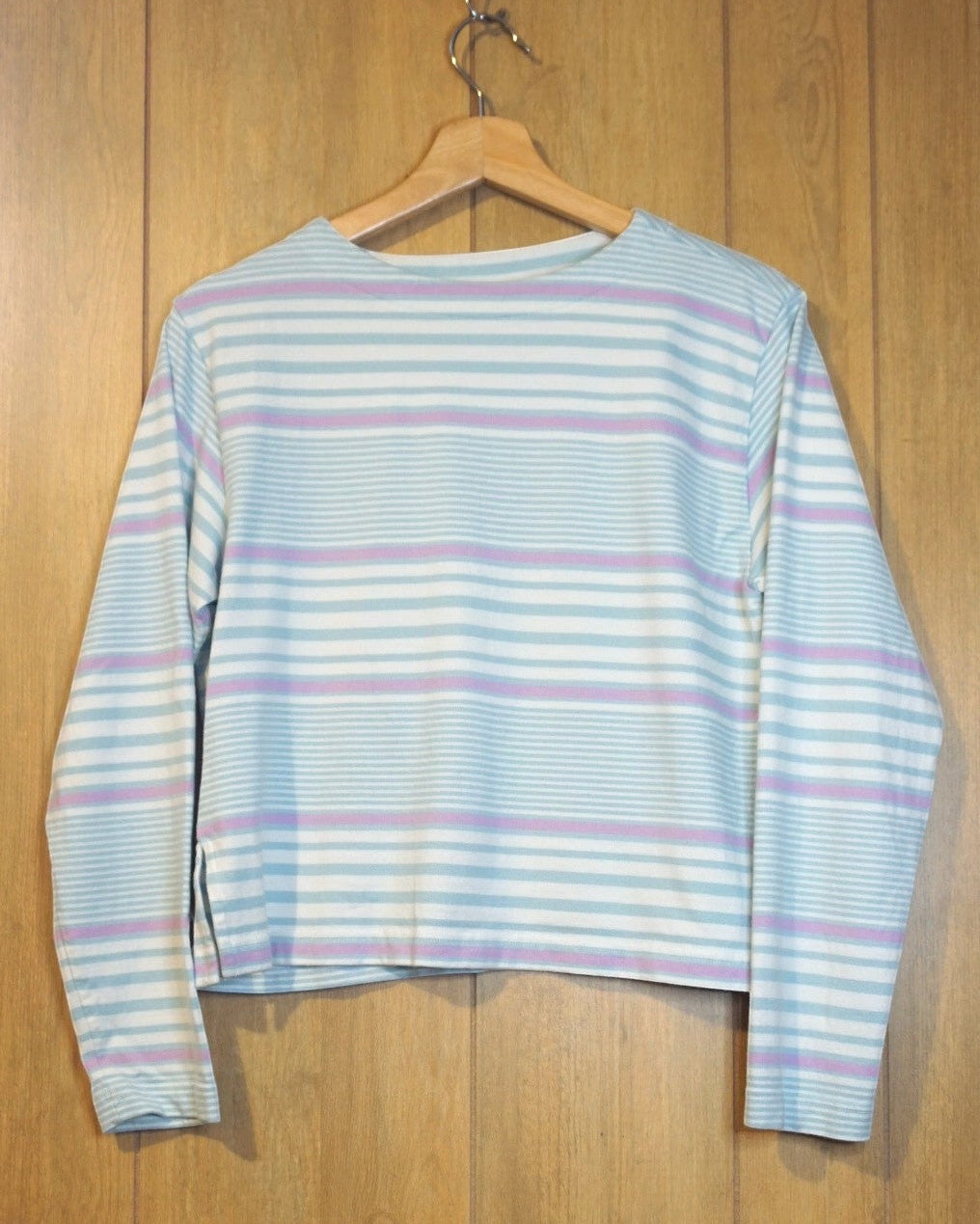 1990's Vintage Liz Claiborne Long Sleeve Boatneck Cotton Shirt in White with Light Blue & Purple Horizontal Stripes